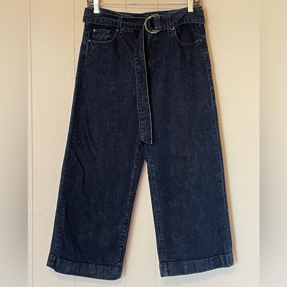 Ann Taylor Mid-Rise Dark Wash Wide Leg Cropped Jeans with Belt